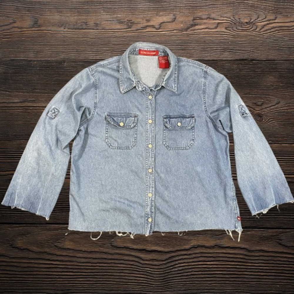Gloria‎ Vanderbilt Womens Light Wash Denim Button Down Shirt Raw Hem Large